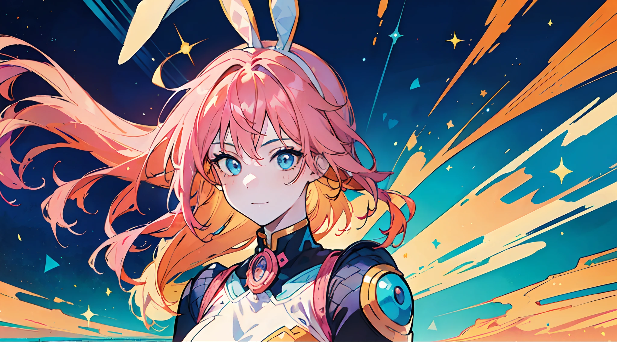 ((Best Quality)), ((Masterpiece)), ((Realistic)) 1woman, cute face, determined look, smile, adult mature female (spiky orange-pink hair, ((orange-pink mullet 1.1)), (mid length hair), blue eyes, (white/yellow pupil,) hero, sleeveless blue spandex bodysuit, long orange-pink (((rabbit ears,))) desert village, tbcc illustration, standing in a villa doorway, night, middle eastern, (((1girl)))