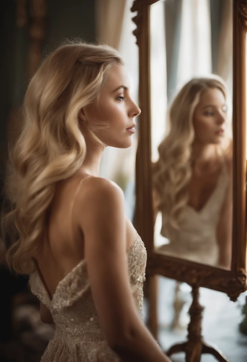 Generate a video of a blonde girl in front of the mirror