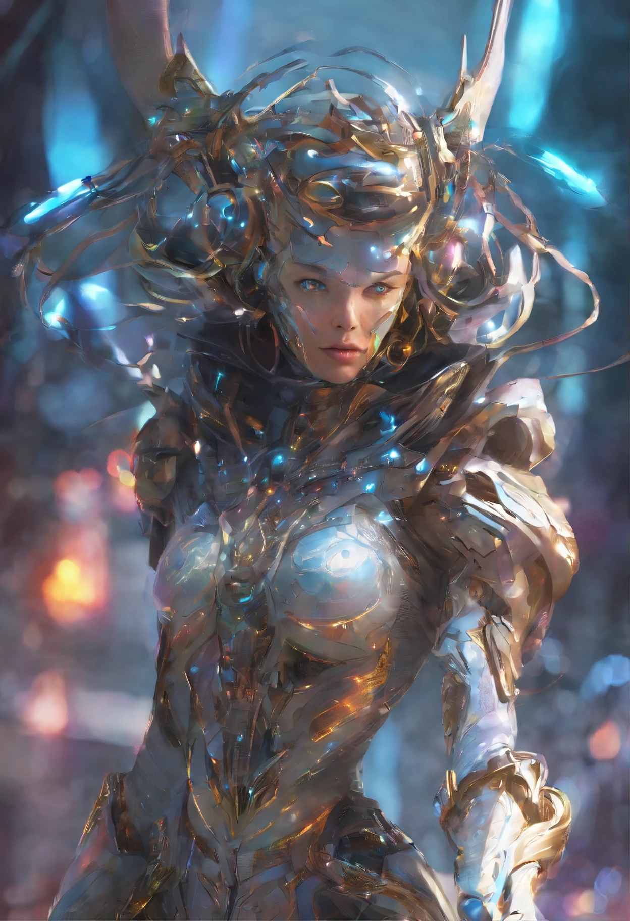 (female Protogen), cyberpunk,mechanical, glowing eyes,metallic surface,digital display,advanced technology,futuristic,neon lights,electromagnetic field,sharp edges,streamlined design,digital organism,biomechanical,mysterious atmosphere,glass visor,enhanced senses,energetic pose,invisible circuits,holographic projections,colorful wires,female cyborg