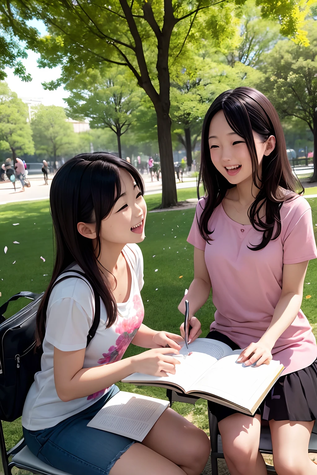 photoRealstic、Sit in a city park and enjoy studying with friends、Opens mouth and laughs、up of face、flower petals、Season Spring