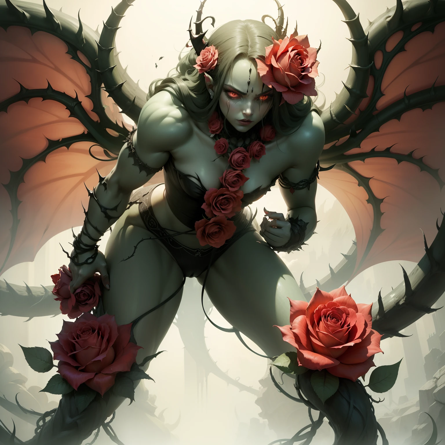 Illustration of a rose flower monster intertwined with thorns、Giant flower monster、Feminine、A devil that combines creepiness and beauty、Atrocious、cruel、offensive、ruthless look、Dweller of Darkness、Emphasize the strength and charm of characters with rose characteristics、Full body