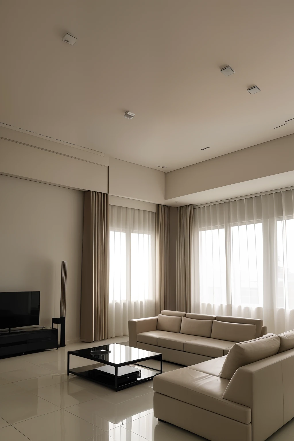 (living room interior, simple and modern luxury style, main coffee color: 1.5), fully furnished, (masterpiece: 1.5), high quality, high detail, 8K , studio lighting, cinema lighting, (large windows filled with light: 2)