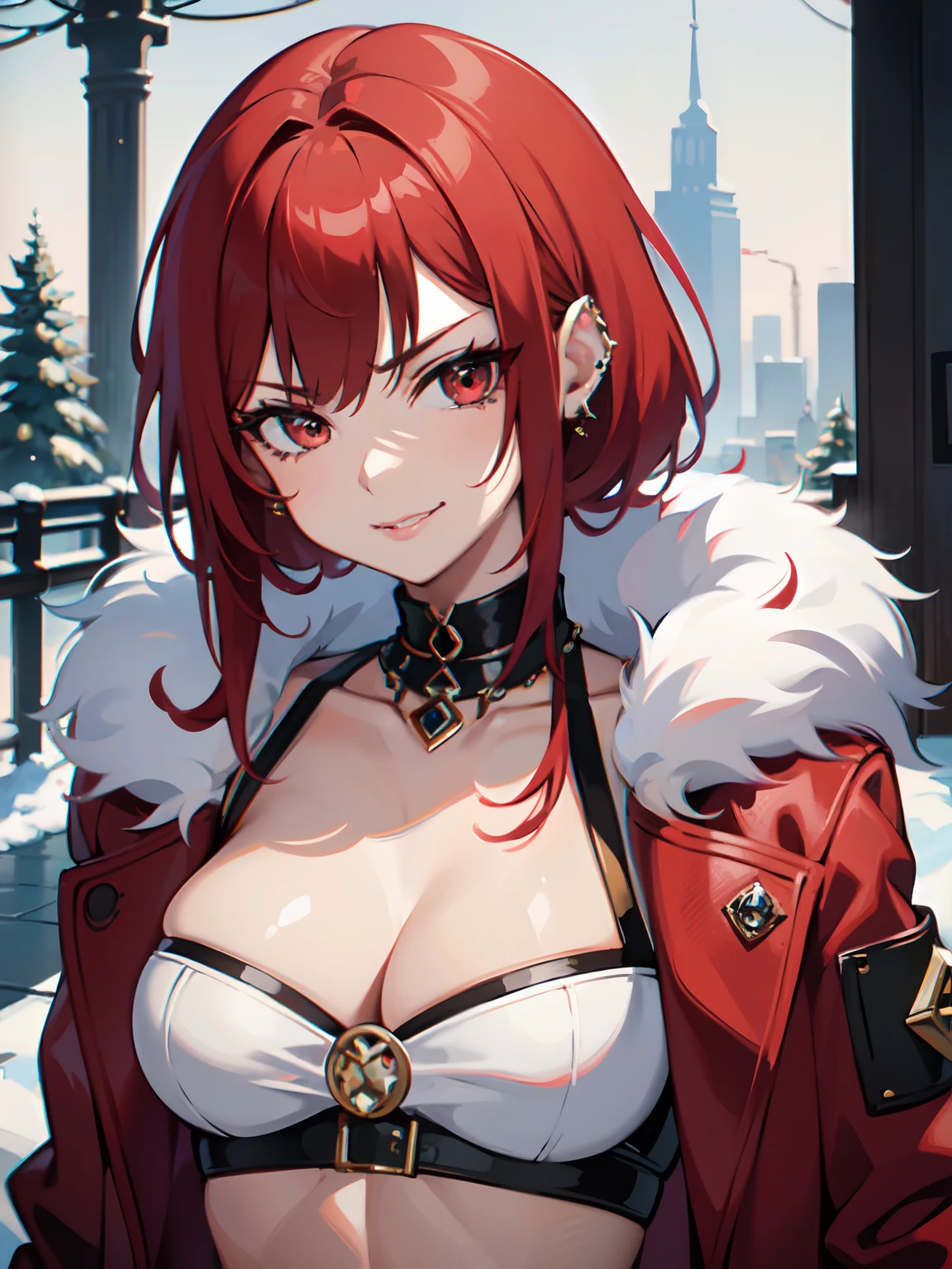 1 girl, (detailed, 8k, masterpiece), Red hair, fur coat, Jewelry, Smirking, Brow piercing, lip piercing, winter clothes