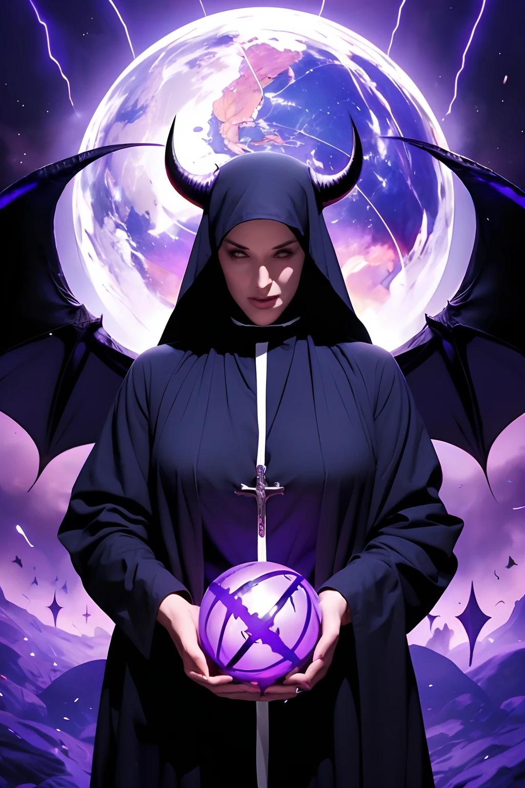 Lisa Ann: The evil nun, Demon horn, Demon wings on the head , sexy robe de nonne, His hands preparing a sphere of purple energy, diabolique, insidieux, His powerful magic hits the buildings of a city , Context of the Satanic Church, detailled eyes, detailed hands