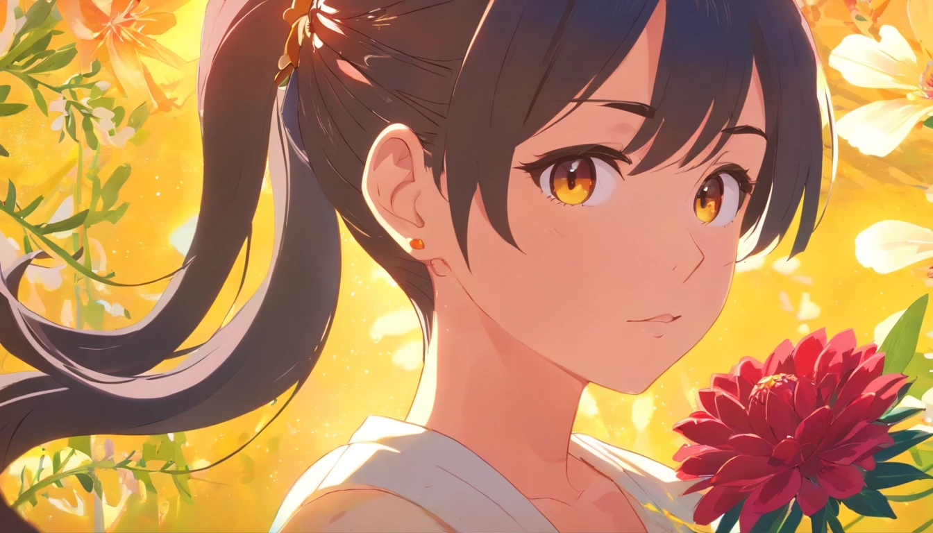Godas, Yellow_pupils, +_+, black_Hair, High_pony tails, Red_flower_Hair_decorations, Masterpiece, Best quality, Ultra-detailed, illustration, Solo, 1girll