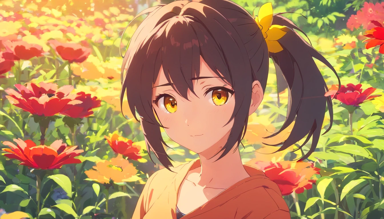 Godas, Yellow_pupils, +_+, black_Hair, High_pony tails, Red_flower_Hair_decorations, Masterpiece, Best quality, Ultra-detailed, illustration, Solo, 1girll