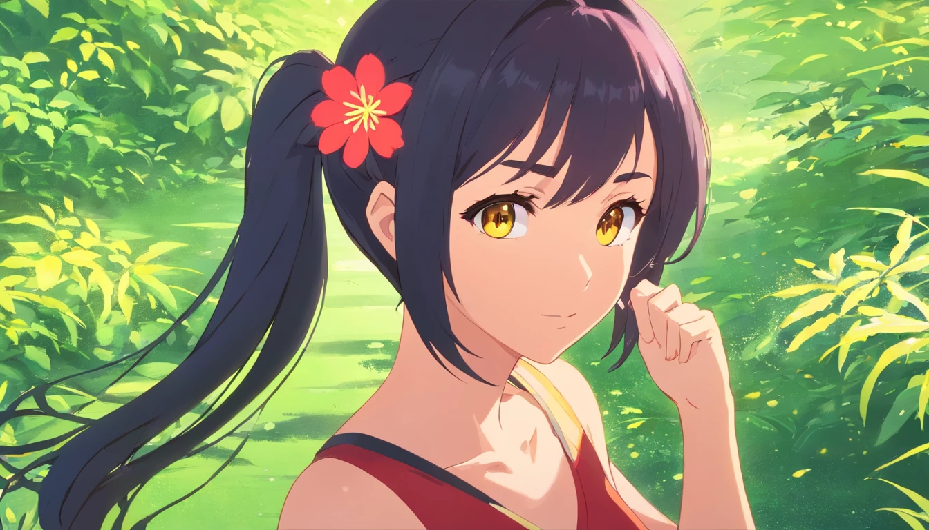 ((Best quality, 8K, Masterpiece: 1.4)),((Amazing detail: 1.3)),((illustration, Huge breasts: 1.2)),((High resolution1.1)),1girll,fox spirit,Kitsune,Long black hair,Fox ears,red hairband,flowers in head,wariza,Translucent bandeau top,Anime style,Manga,Sexy,exposed,Makeup,torogao,Seductive smile,eyes half closed,Simple background,mitts,Amazing art of painting,Colorful background,full bodyesbian,