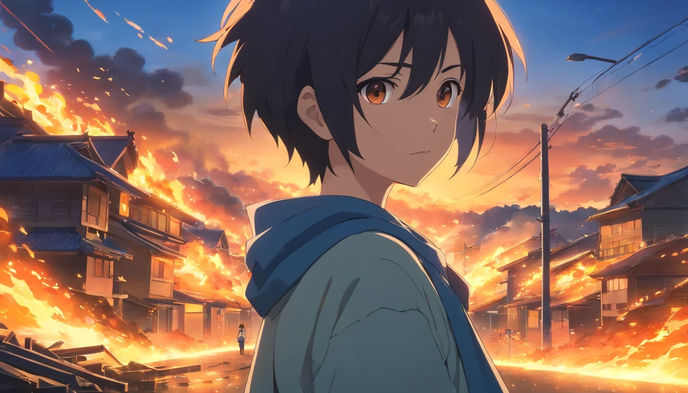 Character Kenta Leon 16 years old, Boy, Black hair, fire saber, Setting: The village was destroyed, houses on fire. Black creatures, Shadow Ghost, Amber eyes, conceptual art, Cinematic lighting, shadowing, diffraction spikes, Ultra-wide angle, hasselblatt, hyper HD, Masterpiece, Anatomically correct, 1080p, 4K, 8K, Best quality