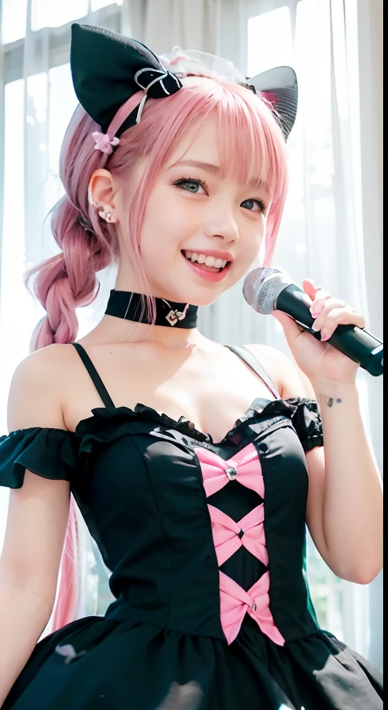 (ultra-detailliert), Cute princess dresses in black color,(frilly dress),(shortsleeves),Blue eyes,The upper part of the body、a closeup、faces、(A smile:1.5),(facing front:1.2), 20yr old, teens girl,no tail,(no tail),2D, masterpiece, top-quality, animesque,Band Group Vocals, a closeup, Singing a song on an electric guitar, Stand Microphone, Mouth open, A detailed eye, A detailed face, girl with, Only 1 person,Pink Hair Medium Hair, (Pink hair), Ear Hair, small tits, Single braid, (Single braid), (Side braid), Pink ribbon, Ribbon around the neck, (White sleeves), Background bokeh