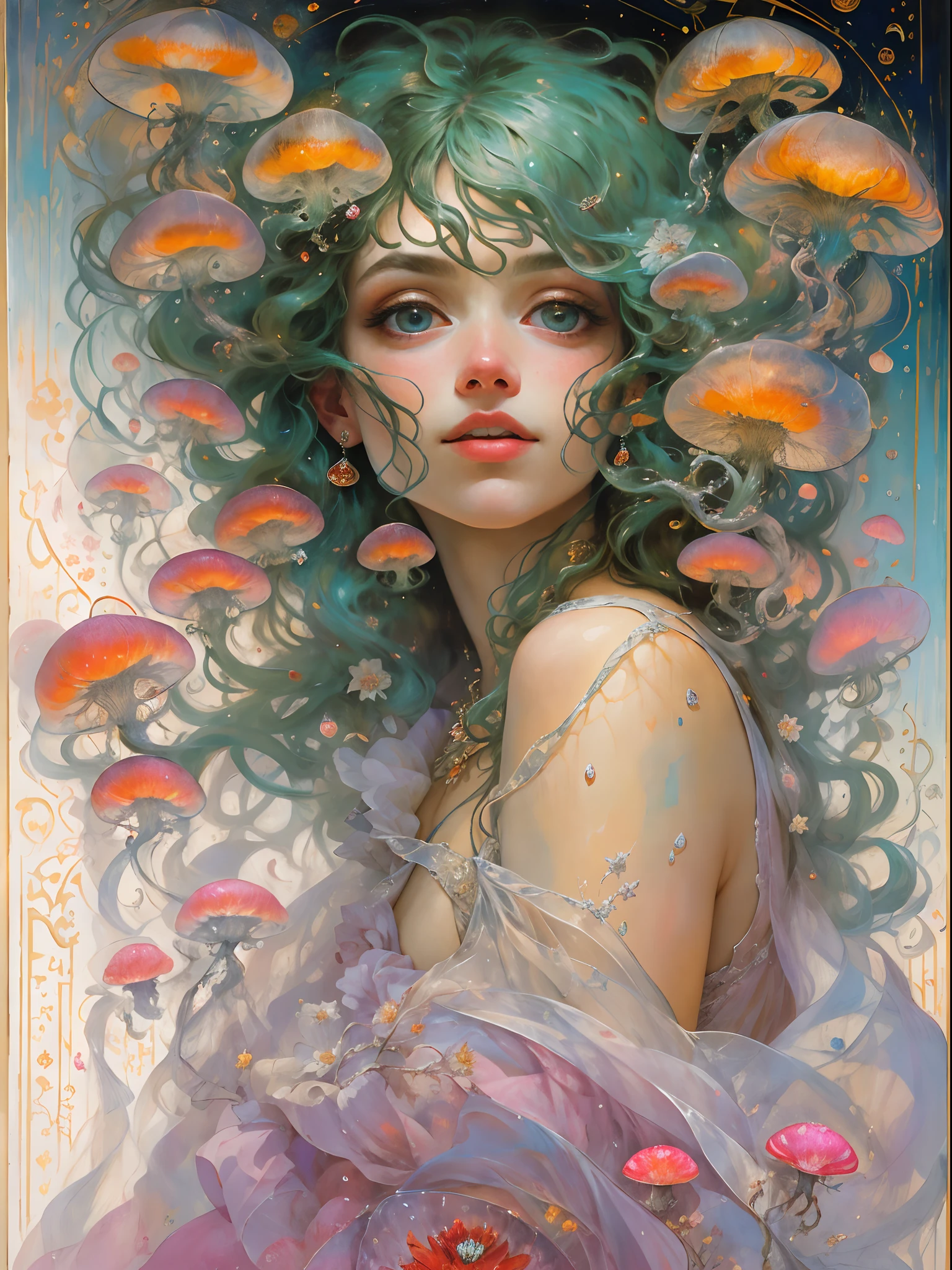 beautiful lady, Mesmerizing luminous lithe lady with long curly hair, tangled up in her bed sheets, Messy hair, blushing, big beautiful eyes by artgerm, Boris Vallejo, James Jean, mcbess, Milo manara, Norman Rockwell :: Stunning Flower Art in the style of Charles Rennie Mackintosh, thick impasto painting masterpiece ::3 rococo molten transparency, delicate molten matt transparent translucent monk levitating, muscaria amanita mycelium Chinese lantern very realistic planets and starsFLYING, glacial multilayered, translucent, delicate multilayered very delicate colours of silk, PASTEL, thick impasto, masterpiece