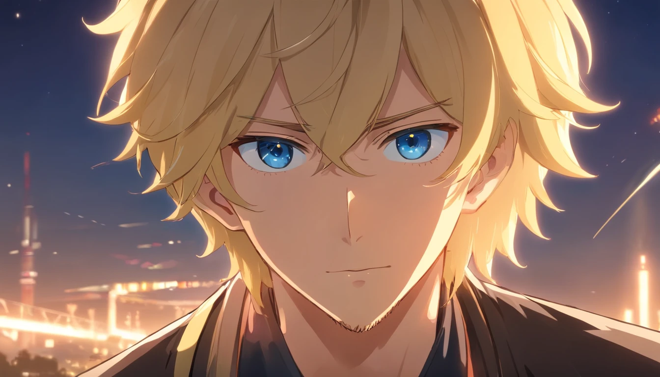 Blonde man, Blue eyes, Short hair, Sparse beard on the chin, Dressed in black with the noble king, Masterpiece, Best quality