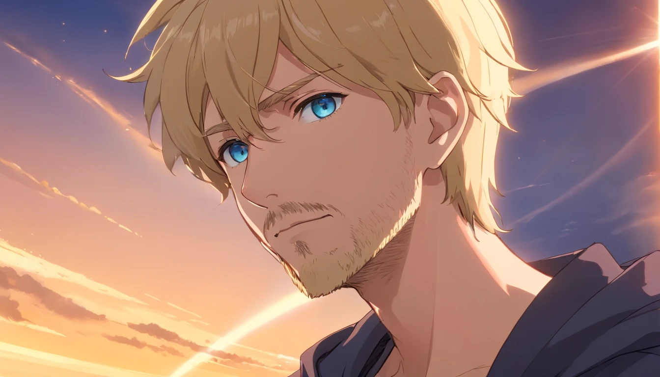 Blonde man, Blue eyes, Short hair, Sparse beard on the chin, Dressed in black with the noble king, Masterpiece, Best quality