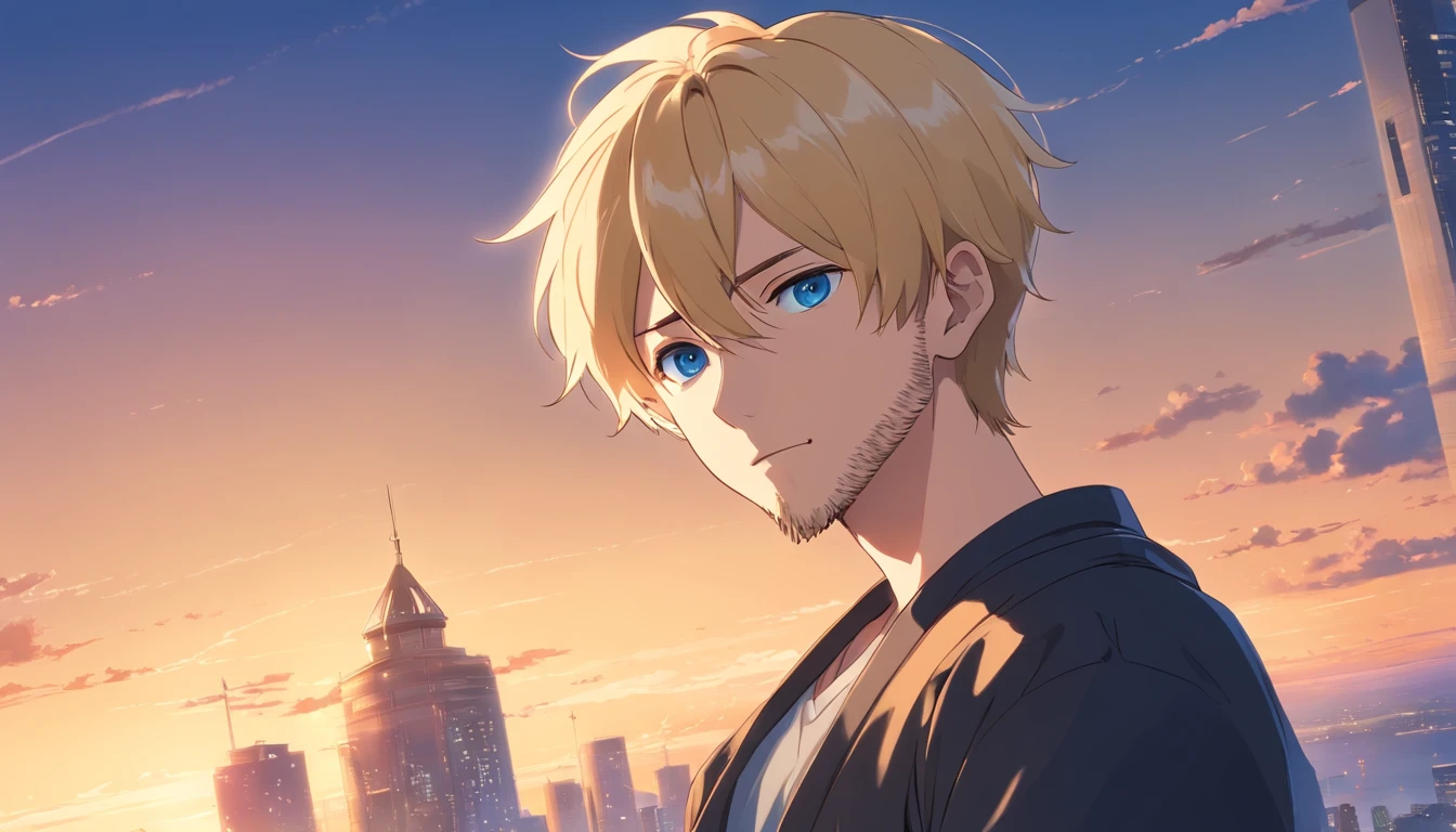 Blonde man, Blue eyes, Short hair, Sparse beard on the chin, Dressed in black with the noble king, Masterpiece, Best quality