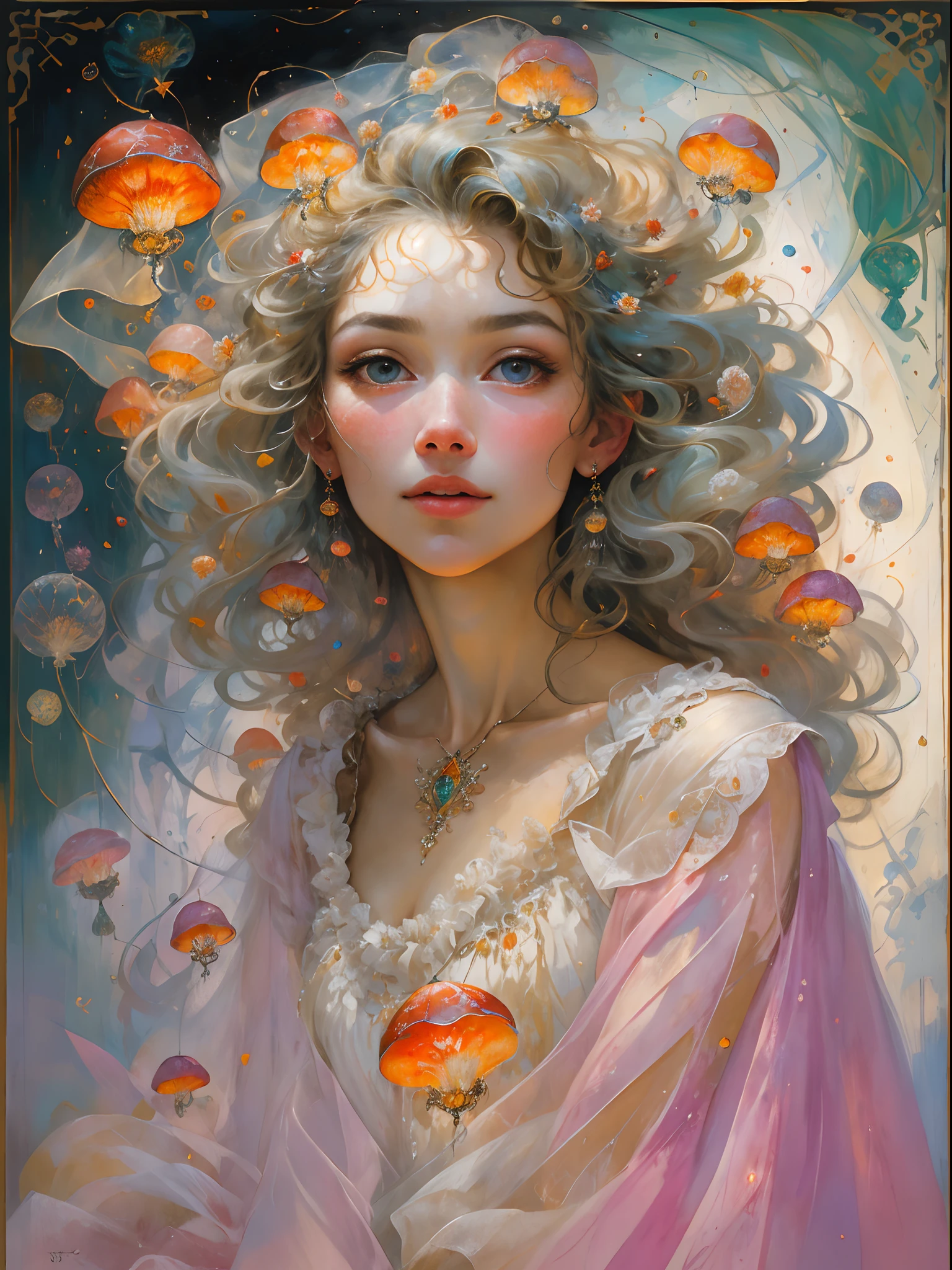beautiful lady, Mesmerizing luminous lithe lady with long curly hair, tangled up in her bed sheets, Messy hair, blushing, big beautiful eyes by artgerm, Boris Vallejo, James Jean, mcbess, Milo manara, Norman Rockwell :: Stunning Flower Art in the style of Charles Rennie Mackintosh, thick impasto painting masterpiece ::3 rococo molten transparency, delicate molten matt transparent translucent monk levitating, muscaria amanita mycelium Chinese lantern very realistic planets and starsFLYING, glacial multilayered, translucent, delicate multilayered very delicate colours of silk, PASTEL, thick impasto, masterpiece