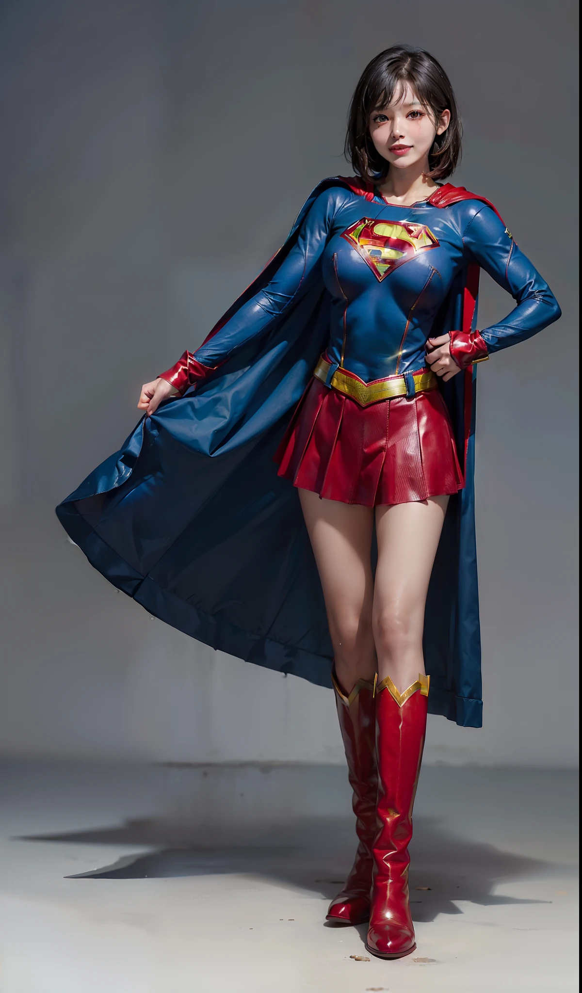 (((Make the most of the original image)))、(((Supergirl Costume)))、(((shiny short hair)))、(((Suffering)))、(((Feet must necessarily be worn with black tights)))、(((Smile)))、(((You need to wear red boots)))、((Top image quality、8K))、((top-quality、8K、masterpiece:1.3))、Crisp focus:1.2、Beautiful woman with perfect body shape:1.4、Slender Abs:1.2、((layers-Cut、large boob:1.2))、a wet body:1.5、Highly detailed facial and skin texture、