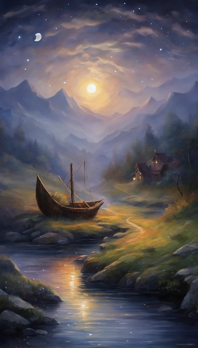 Night view of the old town，Seek and find，cheerless，The moon falls, the crescent moon falls into the lonely well，Fragmented，Bit by bit，There are flowers in dreams, green meadows in dreams，Long hair causes ripples，Shirabu Shishiiso，Kappa poles swing the boat，Crossing the ancient rare，（Small rivers），（Ancient boats），（There is a bright full moon in the distant night sky），（Shining stars），（Starcloud），（nighttime scene），Inspired by Van Gogh，（Van Gogh starry sky painting style），OilPaintStyle，8k wallpaper，light and shadow effect，Tyndall，rendering by octane，White balance，Unreal 5，Extremely detailed picture，depth of fields，tmasterpiece，realisticlying，RAY