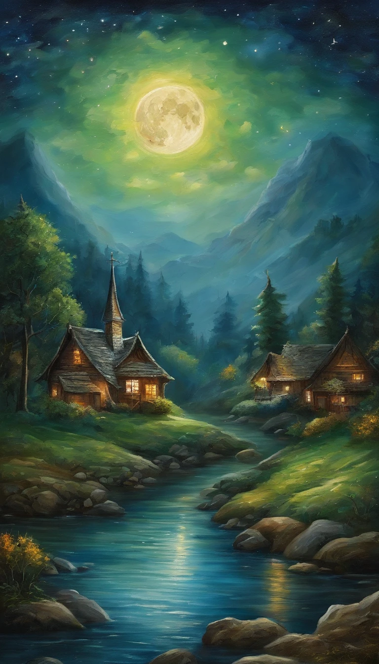 Night view of the old town,Seek and find,cheerless,The moon falls, the crescent moon falls into the lonely well,Fragmented,Bit by bit,There are flowers in dreams, green meadows in dreams,Long hair causes ripples,Shirabu Shishiiso,Kappa poles swing the boat,Crossing the ancient rare,(Small rivers),(Ancient boats),(There is a bright full moon in the distant night sky),(Shining stars),(Starcloud),(nighttime scene),Inspired by Van Gogh,(Van Gogh starry sky painting style),OilPaintStyle,8k wallpaper,light and shadow effect,Tyndall,rendering by octane,White balance,Unreal 5,Extremely detailed picture,depth of fields,tmasterpiece,realisticlying,RAY