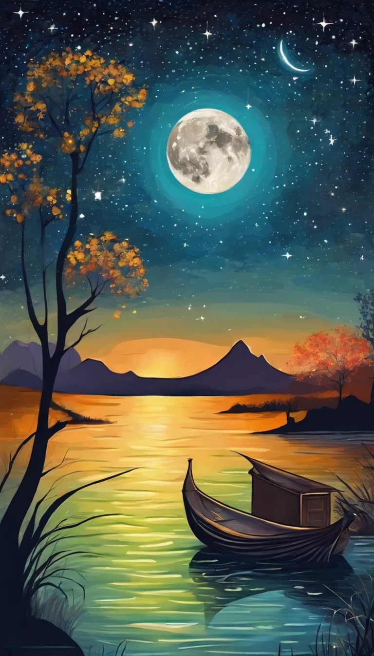 Night view of the old town,Seek and find,cheerless,The moon falls, the crescent moon falls into the lonely well,Fragmented,Bit by bit,There are flowers in dreams, green meadows in dreams,Long hair causes ripples,Shirabu Shishiiso,Kappa poles swing the boat,Crossing the ancient rare,(Small rivers),(Ancient boats),(There is a bright full moon in the distant night sky),(Shining stars),(Starcloud),(nighttime scene),Inspired by Van Gogh,(Van Gogh starry sky painting style),OilPaintStyle,8k wallpaper,light and shadow effect,Tyndall,rendering by octane,White balance,Unreal 5,Extremely detailed picture,depth of fields,tmasterpiece,realisticlying,RAY