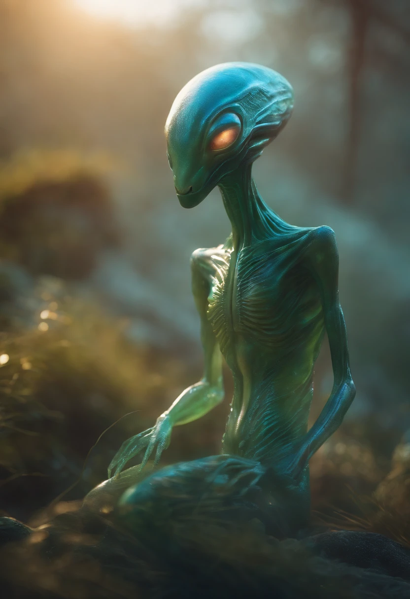 Translucent ethereal alien creatures，中景 the scene is，Full body like， highly detailed surreal vfx，oc rendered，Shot with 70 mm - AR 16:9 --q 2 --s 1000