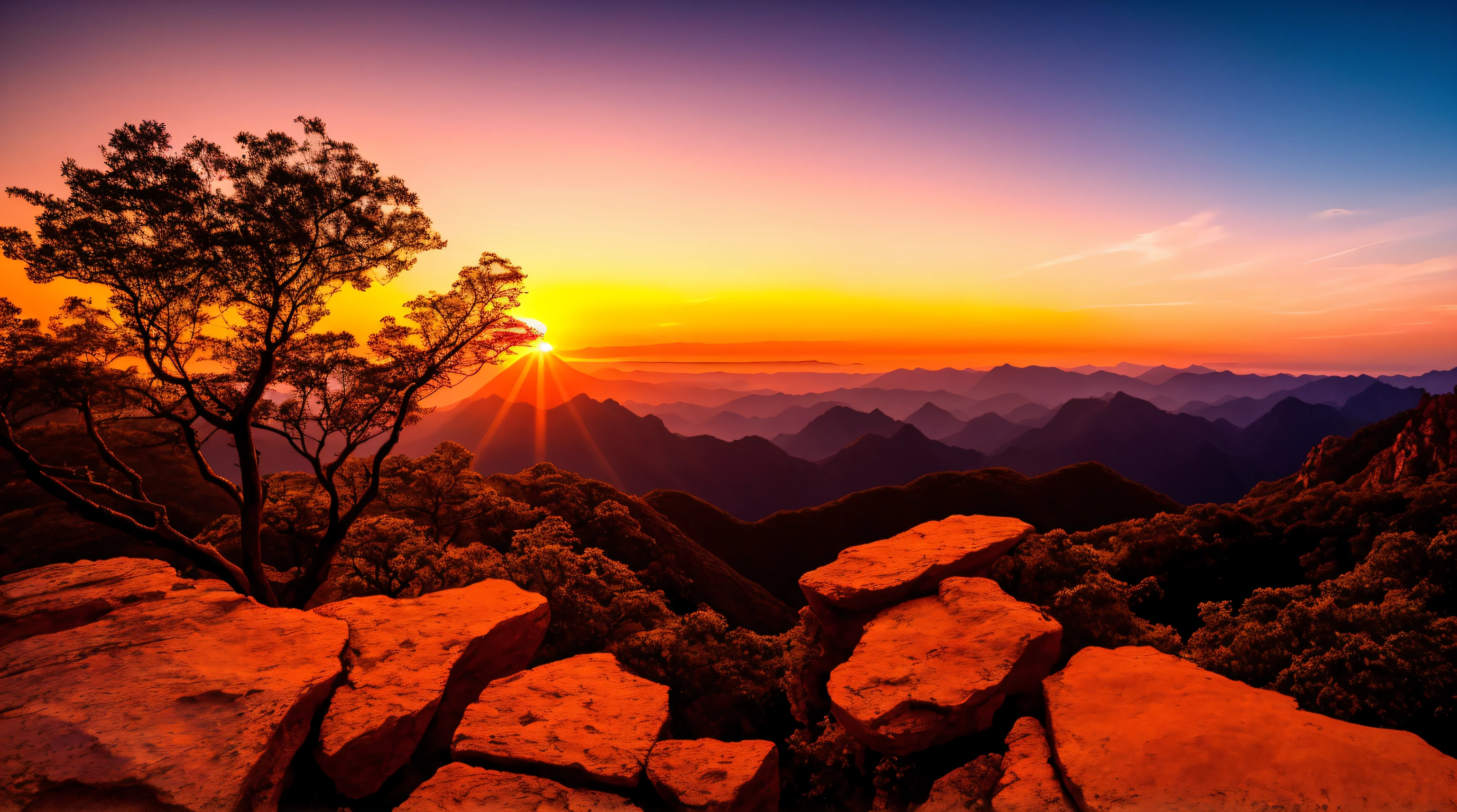 A view of a sunset over a mountain range with rocks and trees - SeaArt AI