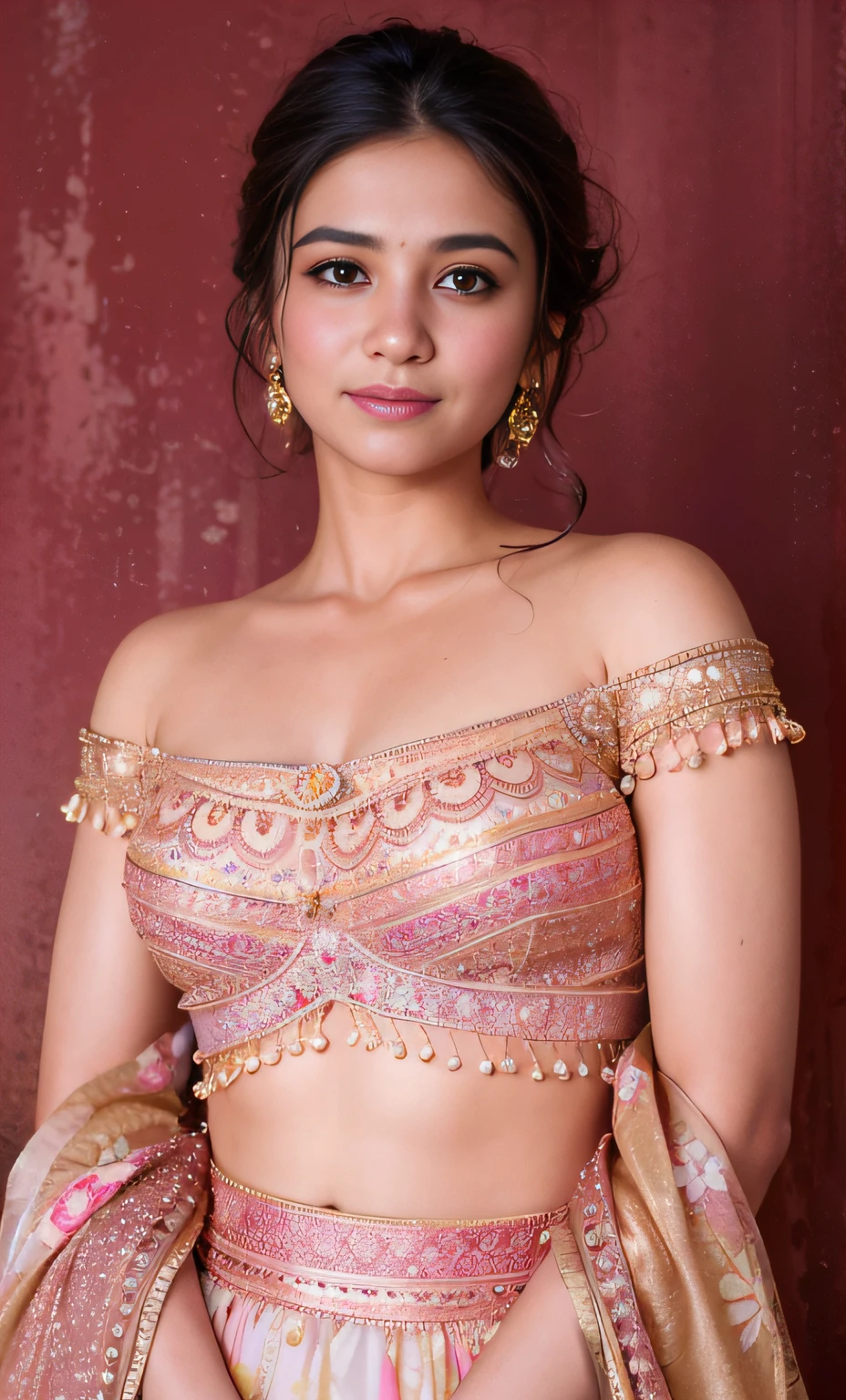a close up of a woman in a pink and gold outfit, coy expression wearing intricate, closeup portrait shot, mid shot portrait, traditional beauty, close up half body shot, half body shot, very beautiful enga style, intricate outfit, ritu kumar, showing her shoulder from back, close up portrait shot, intricate set, with intricate details, wearing intricate,realistic body