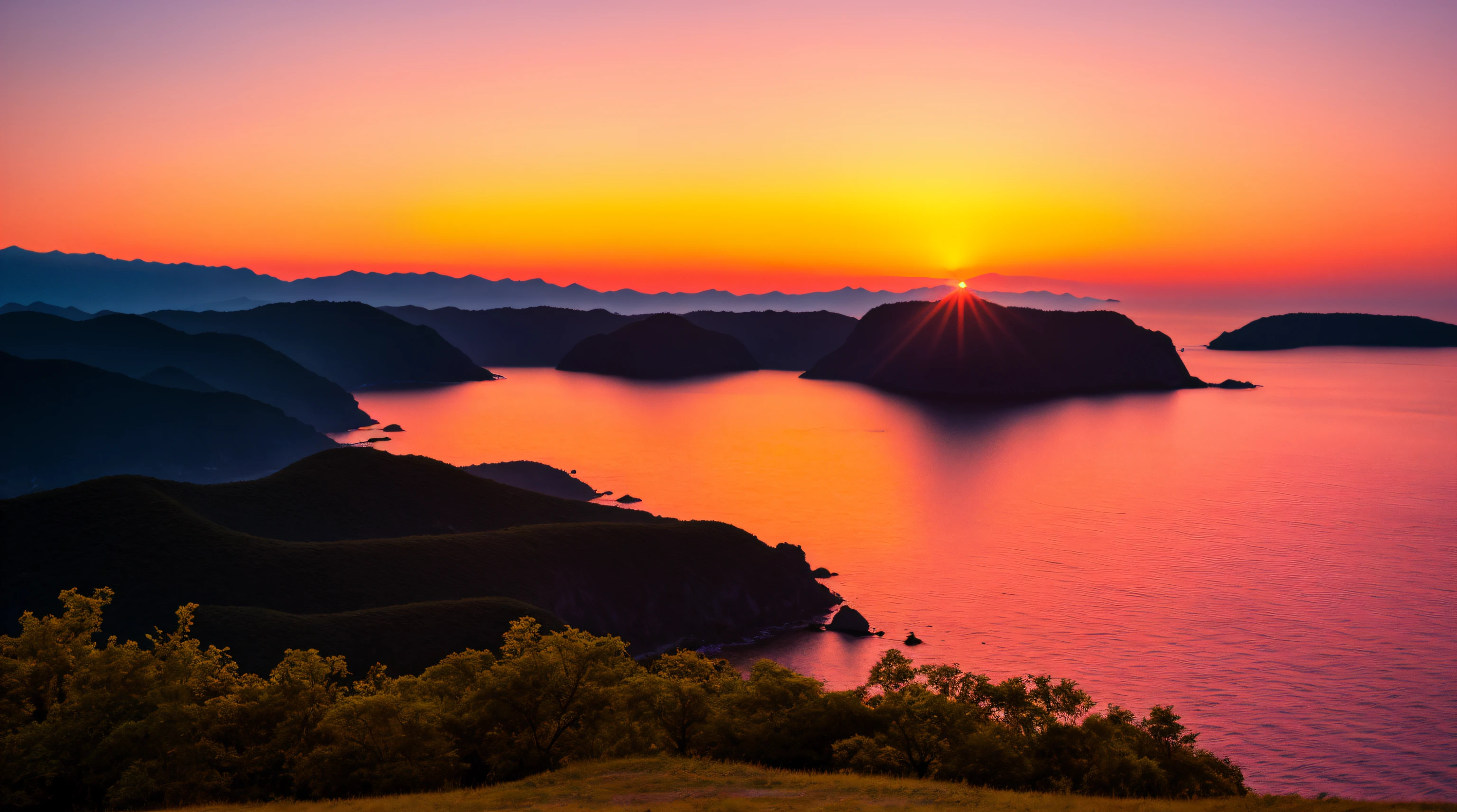 Sunset, evening glow, distant view, realistic, rich colors, gorgeous and colorful, wide-angle lens, shooting in the evening, positive film, naturalistic style, high-definition filming.