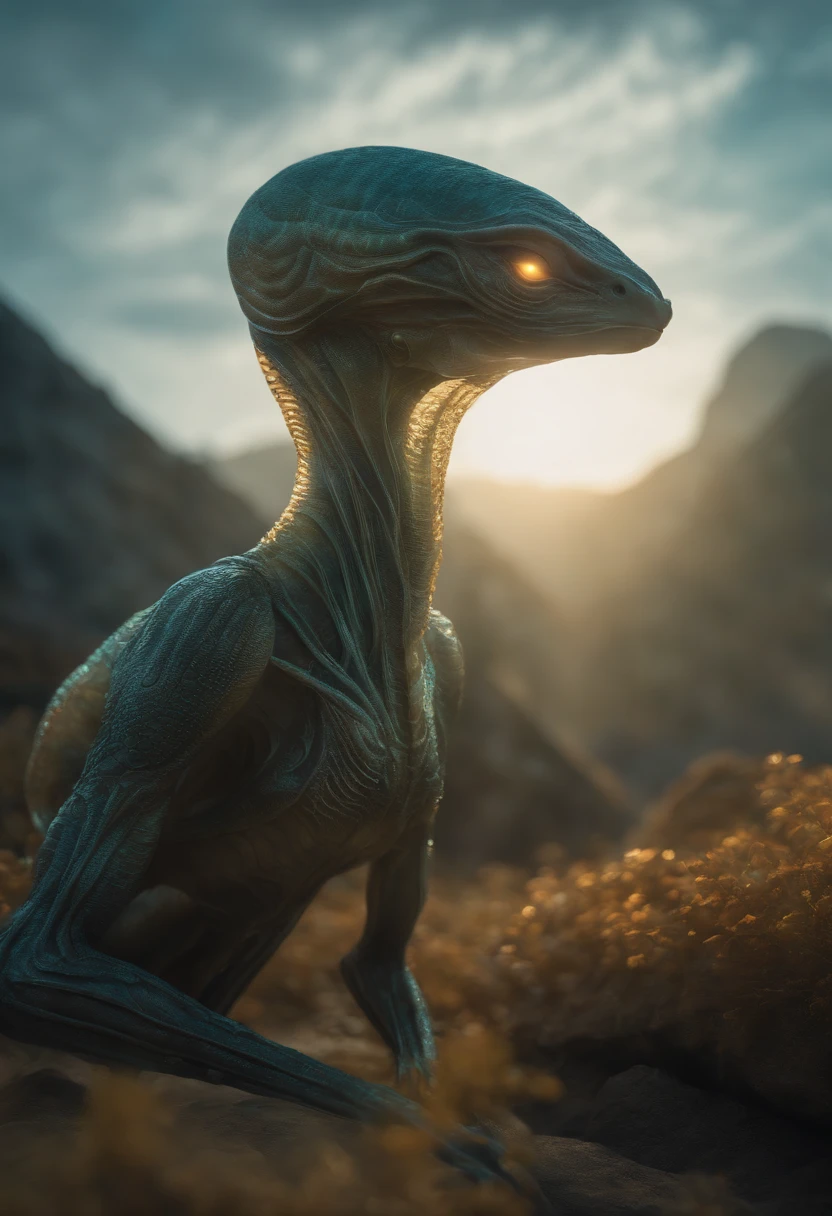 Translucent ethereal alien creatures，中景 the scene is，Full body like， highly detailed surreal vfx，oc rendered，Shot with 70 mm - AR 16:9 --q 2 --s 1000