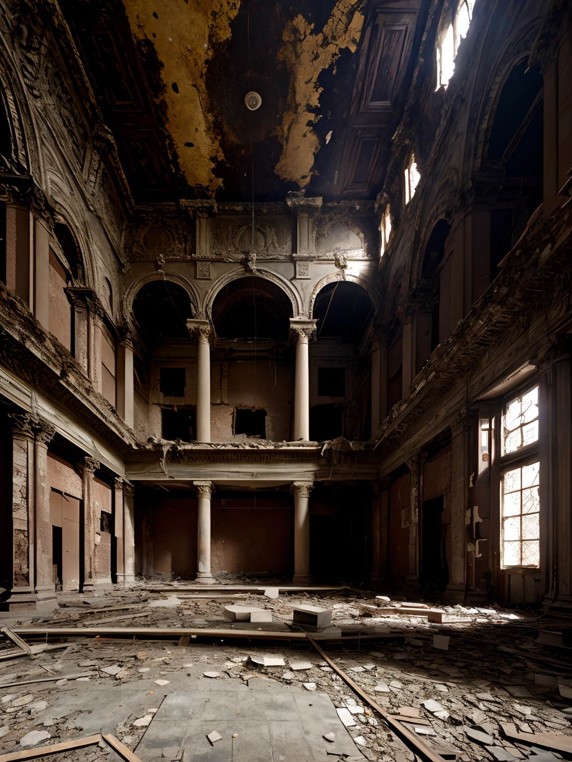 hall of an abandoned building, with destroyed walls and a large stage in the middle of the hall