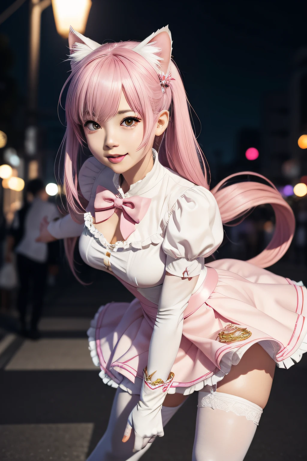 2 girls in、a smile、The modern meaning of anime. angled view, Face Close Action Portrait Beautiful "Chibiusa", Leaning forward, Slim body, Highly decorated、detaileds "Pink Crystal Skirt", "White top" "White Gloves", "Red-chested bow", Angle, "Pink Knee High Heel Boots", pantyhose, Depth-of-field blur effect[Depth-of-field blur, Night, Photorealistic. Cinematic lighting, Highly detailed. Best Quality, 4K, Better hands, Perfect Anatomy, Koi cute frivolous concentrated expression, reflection, flat-chest, Highly decorated clothing, Fight Battle Pose, White Cat in Tokyo