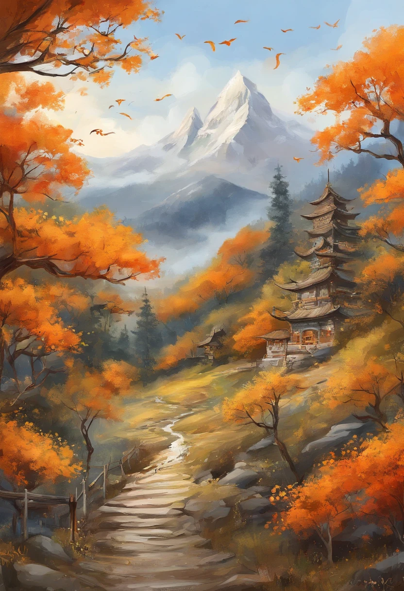 sweet osmanthus，Osmanthus Forest。Forest path，Osmanthus nearby，Foliage，Osmanthus can see the details，A teenager in a school uniform holds a book，Smiling faces，There are osmanthus flowers falling in the air, galaxy in background, Clouds, vivd colour, High contrast, Mountain, vector line art, orange highlights, trending in pixiv, anime concept art, Stick, Mattire, high high quality, Edge to edge, Sanskrit