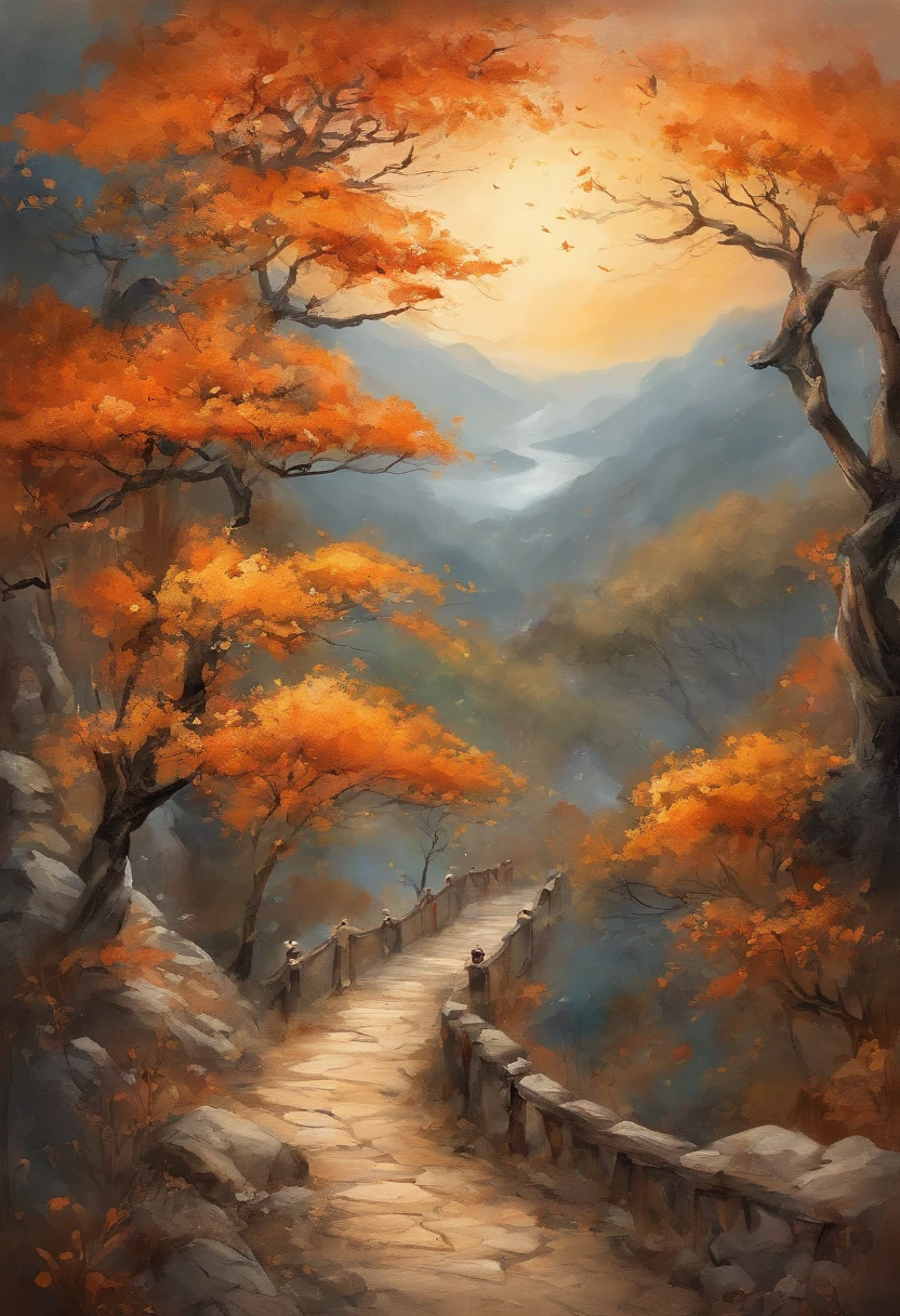 sweet osmanthus,Osmanthus Forest。Forest path,Osmanthus nearby,Foliage,Osmanthus can see the details,A teenager in a school uniform holds a book,Smiling faces,There are osmanthus flowers falling in the air, galaxy in background, Clouds, vivd colour, High contrast, Mountain, vector line art, orange highlights, trending in pixiv, anime concept art, Stick, Mattire, high high quality, Edge to edge, Sanskrit