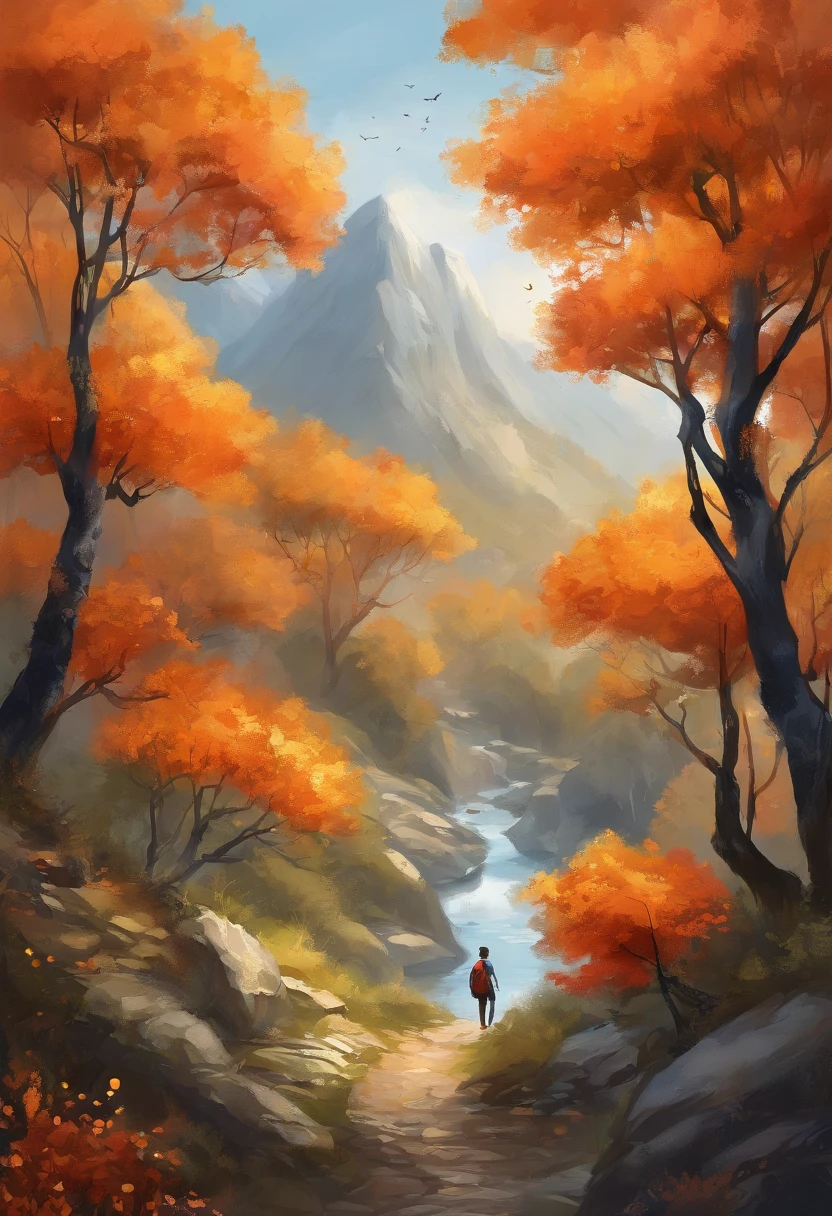 sweet osmanthus,Osmanthus Forest。Forest path,Osmanthus nearby,Foliage,Osmanthus can see the details,A ager in a school uniform holds a book,Smiling faces,There are osmanthus flowers falling in the air, galaxy in background, Clouds, vivd colour, High contrast, Mountain, vector line art, orange highlights, trending in pixiv, anime concept art, Stick, Mattire, high high quality, Edge to edge, Sanskrit