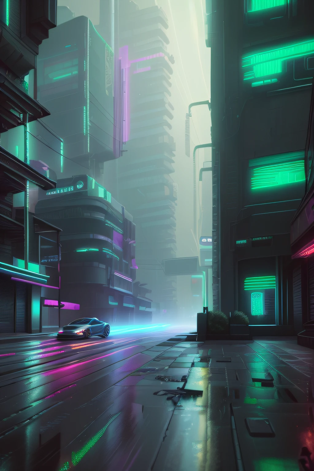 there is a car driving down a city street at night, cyberpunk street, cyberpunk city street, hyper realistic cyberpunk city, in cyberpunk city, in a futuristic cyberpunk city, sci-fi cyberpunk city street, cyberpunk atmosphere, cyberpunk alley, hyper-realistic cyberpunk style, cyberpunk vibe, cyberpunk streets at night, cyberpunk street at night, cyberpunk dreamscape, blade runner vibes