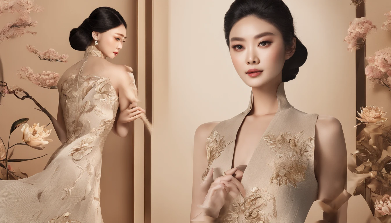 A Photograph of a stunning Chinese influencer model, embodying exquisite beauty and elegance. Every intricate detail is captured in high-resolution, highlighting the model's flawless complexion, enhanced by soft, warm lighting. The composition exudes a harmonious balance of subtle earth tones, with a touch of vintage aesthetic and delicate, holding a mobile gracefully.