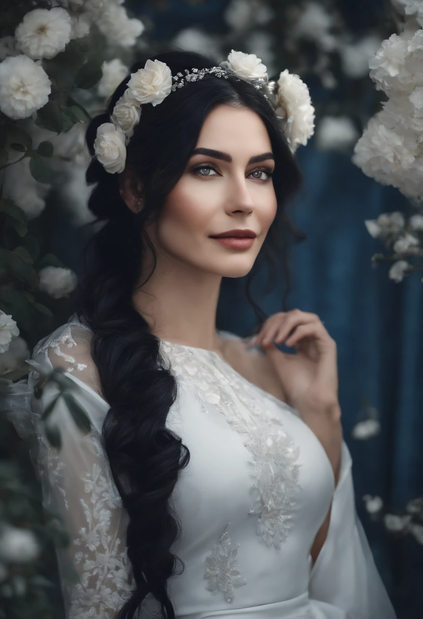 Woman, long dark blue hair gathered in a low ponytail, pale eyes, white combat dress with silver details and flowers, modernity, calm smile, full length