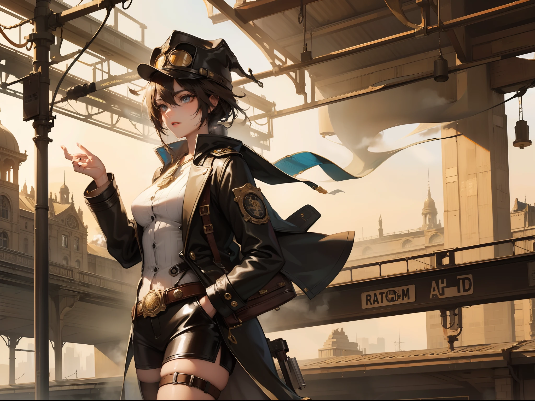 1 girl, aviator hat , solo, steam punk, train station, , steam, smoke, masterpiece, highly detailed,HDR,8k resolution, best quality,