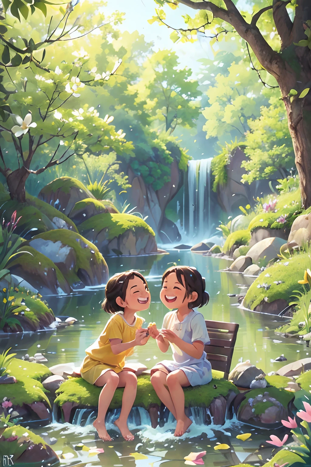 (photo-realistic:1.37),Sit near a river with friends,opens mouth and laughs,close-up of face,flower petals,season spring,sparkling water,gentle breeze,colorful blossoms,fresh green grass,vibrant sunlight,joyful expressions,friendship bond,relaxing atmosphere,serene environment,lively conversations,content smiles,laughter echoes,blissful moments,peaceful sounds of flowing water,happiness shared,cheerful ambiance,playful interaction,pleasant scents,beautiful landscape,harmonious connection,natural beauty,lighthearted conversations,warm sunlight,refreshing beverages,comfortable seating,tranquil surroundings,dancing reflections,fragrant flowers,soft river sounds,gentle ripples,serenity in the air,laughter-filled memories,springtime bliss