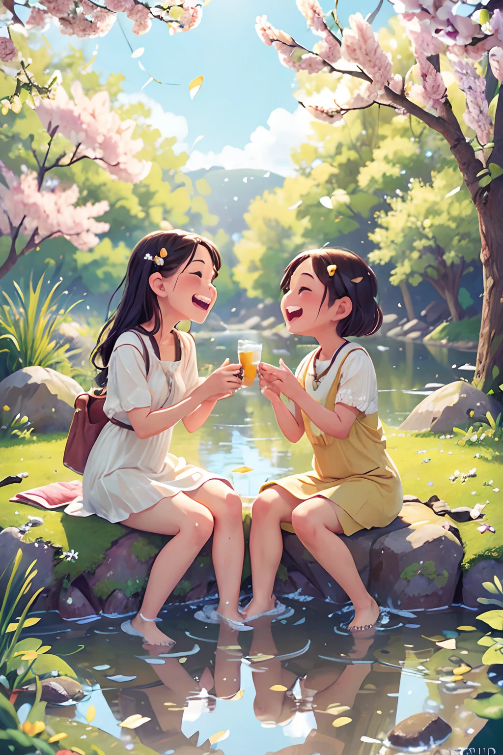 (photo-realistic:1.37),Sit near a river with friends,opens mouth and laughs,close-up of face,flower petals,season spring,sparkling water,gentle breeze,colorful blossoms,fresh green grass,vibrant sunlight,joyful expressions,friendship bond,relaxing atmosphere,serene environment,lively conversations,content smiles,laughter echoes,blissful moments,peaceful sounds of flowing water,happiness shared,cheerful ambiance,playful interaction,pleasant scents,beautiful landscape,harmonious connection,natural beauty,lighthearted conversations,warm sunlight,refreshing beverages,comfortable seating,tranquil surroundings,dancing reflections,fragrant flowers,soft river sounds,gentle ripples,serenity in the air,laughter-filled memories,springtime bliss