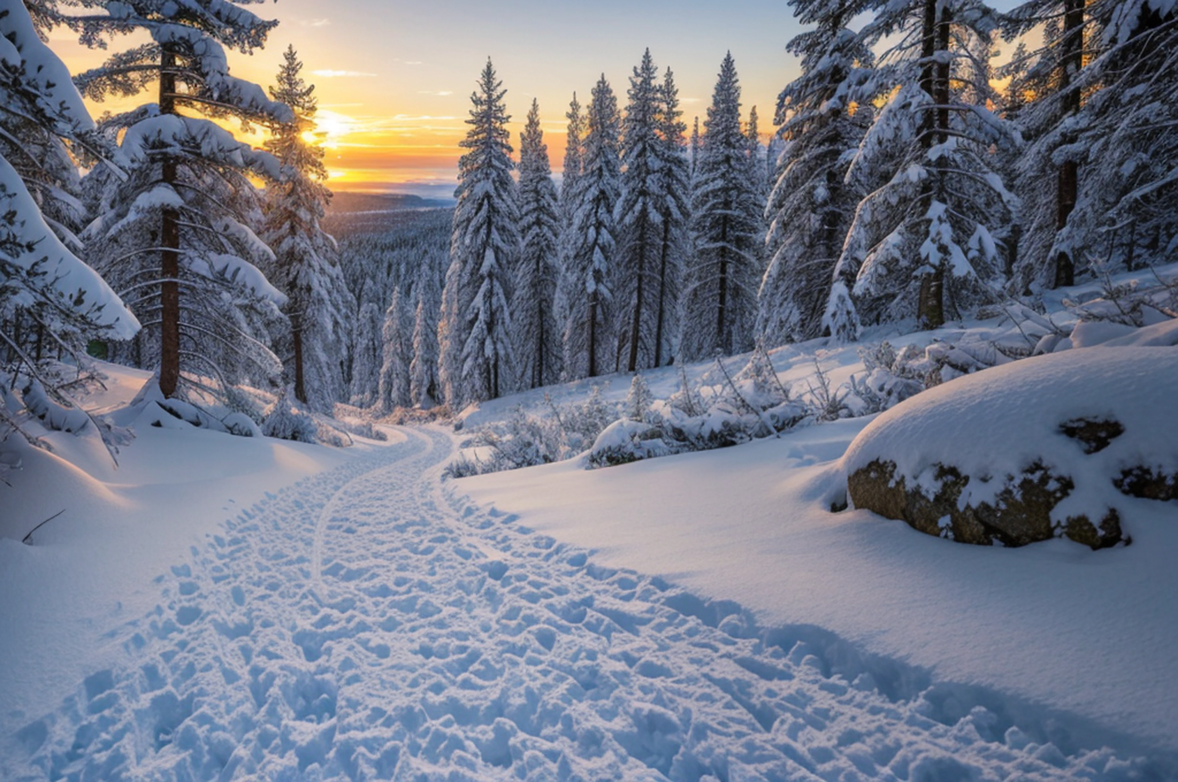 very high resolution, (fidelity: 1.4), photo, day, best quality, 8k, (masterpiece: 1.3), ultra realistic, sunset, snowy winter, trees covered with snow, only 1 path, 1 path with boulders on the side of the route, path in dense forest, best quality, very high resolution, raw photo, bright diffused light, hyperrealistic, detailed nature,