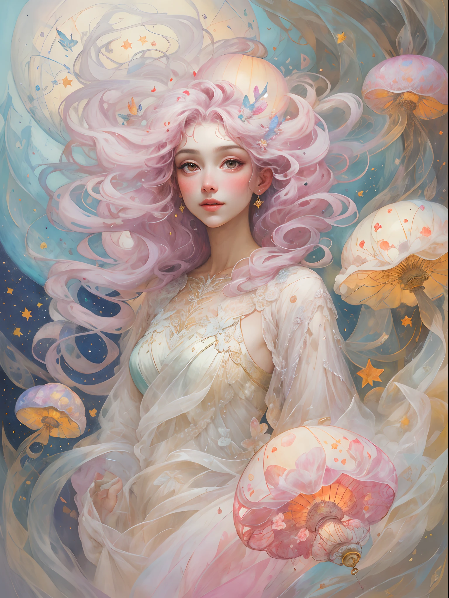 Jellyfish hair, female, dream dress, anime style, in fantasy, hair flowing, holding a bouquet of roses, high quality, refinement, fashion, whole body