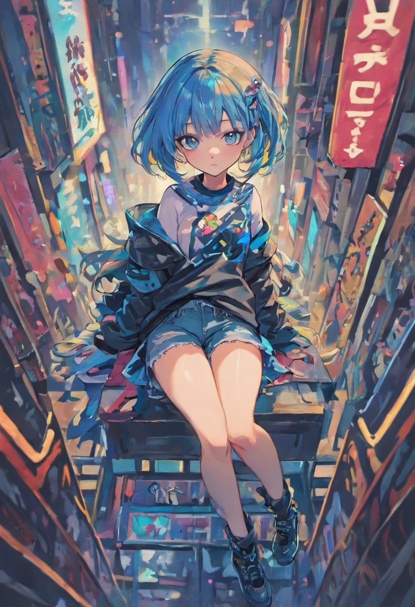 ((best quality)), ((highly detailed)), masterpiece, ((official art)), detailed face, beautiful face, (detailed eyes:1.3, deep eyes), eida, blue hair, blue long hair, blue hair with pink stripes, looking at viewer, hair bangs, blue eyes, shirt, long sleeves, jewelry, full body, (sitting),white shirt, multicolored hair, earrings, boots, shorts, blunt bangs, star (symbol), nail polish, black footwear, high heels, streaked hair, black shorts, border, ring, high heel boots,dynamic pose, dynamic angle, fashion,best quality, masterpiece, intricate details, tonemapping, sharp focus, hyper detailed, trending on Artstation,1 girl, solo,best quality, masterpiece, intricate details, tonemapping, sharp focus, hyper detailed, trending on Artstation,1 girl, solo