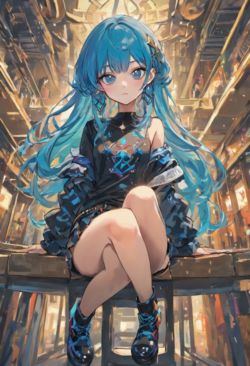 ((best quality)), ((highly detailed)), masterpiece, ((official art)), detailed face, beautiful face, (detailed eyes:1.3, deep eyes), eida, blue hair, blue long hair, blue hair with pink stripes, looking at viewer, hair bangs, blue eyes, shirt, long sleeves, jewelry, full body, (sitting),white shirt, multicolored hair, earrings, boots, shorts, blunt bangs, star (symbol), nail polish, black footwear, high heels, streaked hair, black shorts, border, ring, high heel boots,dynamic pose, dynamic angle, fashion,best quality, masterpiece, intricate details, tonemapping, sharp focus, hyper detailed, trending on Artstation,1 girl, solo,best quality, masterpiece, intricate details, tonemapping, sharp focus, hyper detailed, trending on Artstation,1 girl, solo