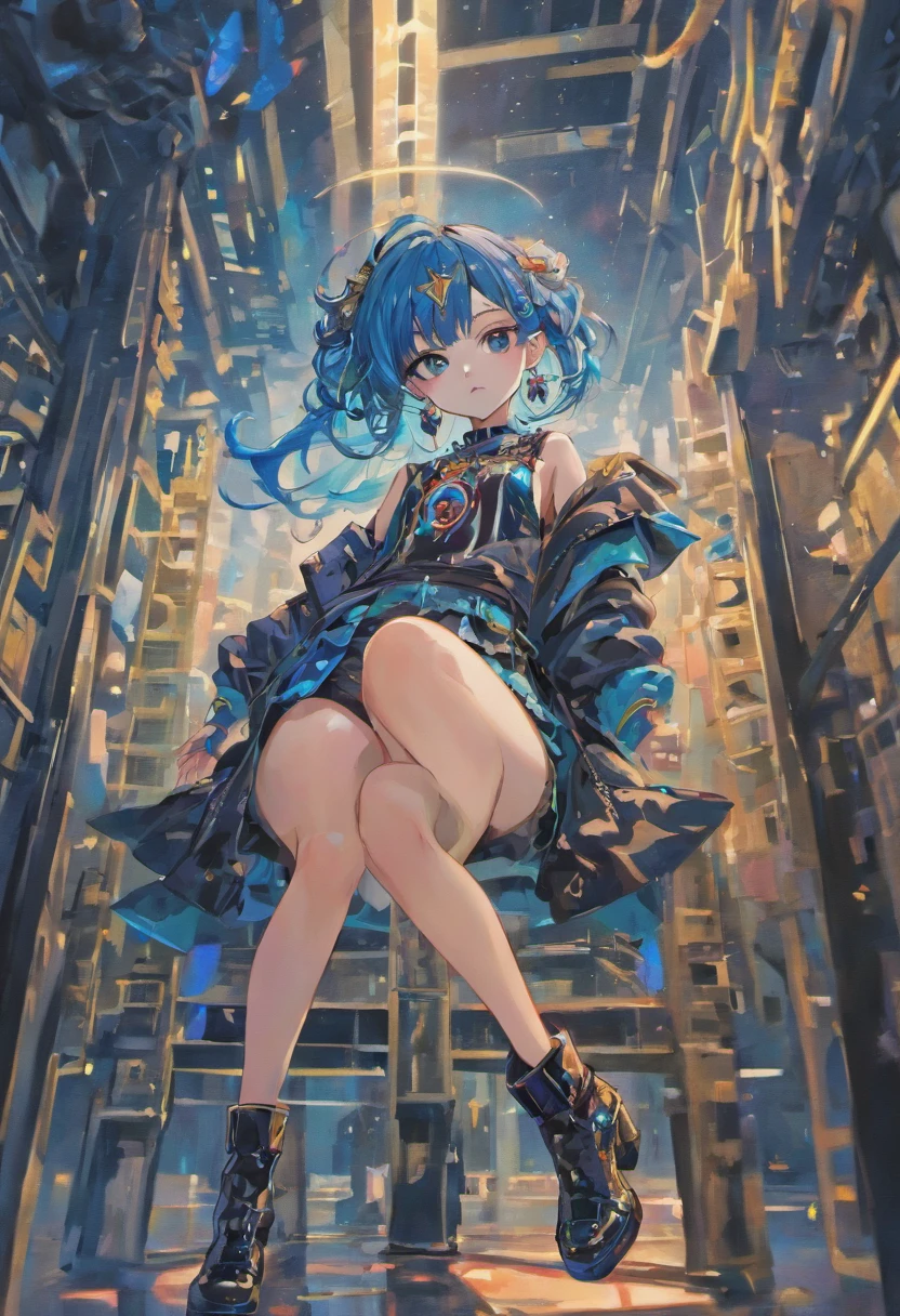 ((best quality)), ((highly detailed)), masterpiece, ((official art)), detailed face, beautiful face, (detailed eyes:1.3, deep eyes), eida, blue hair, blue long hair, blue hair with pink stripes, looking at viewer, hair bangs, blue eyes, shirt, long sleeves, jewelry, full body, (sitting),white shirt, multicolored hair, earrings, boots, shorts, blunt bangs, star (symbol), nail polish, black footwear, high heels, streaked hair, black shorts, border, ring, high heel boots,dynamic pose, dynamic angle, fashion,best quality, masterpiece, intricate details, tonemapping, sharp focus, hyper detailed, trending on Artstation,1 girl, solo,best quality, masterpiece, intricate details, tonemapping, sharp focus, hyper detailed, trending on Artstation,1 girl, solo