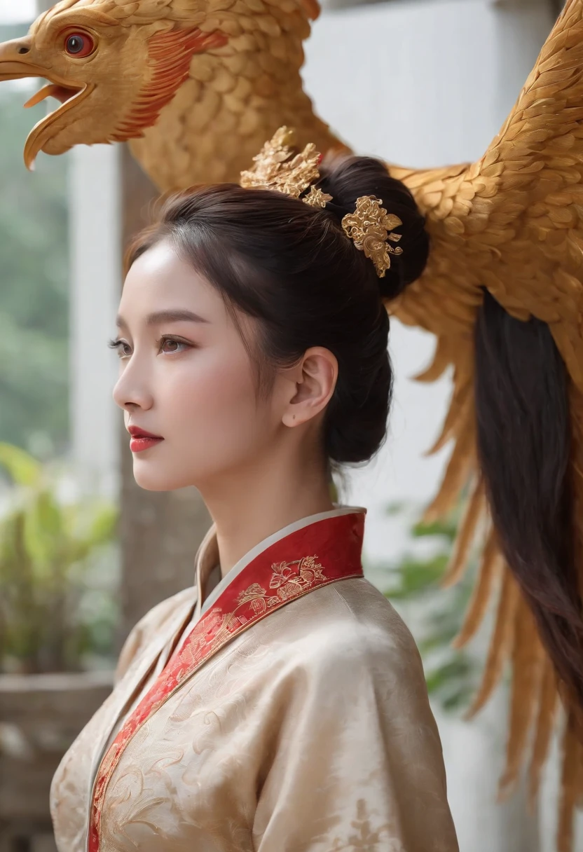 Chinese style ancient style girl,There is a phoenix behind it,The overall color is reddish-green, Shocking and domineering Chinese phoenix, Detailed phoenix head, brunette color hair, Long ponytail, Chino, cropped shoulders,, The is very detailed, dynamic angle, Beautiful lenses, (The most beautiful form of chaos), aethereal, (vivd colour), overclocking, (halfway: 1.2), Chinese big breasts, (thangka flying sky: 1.5), (Ribbons: 1.3), (Dream: 1.5), (Hanfu: 1.5), chinesedragon, Chinese Phoenix, (ssmile: 0.5), (Chinese God), (tmasterpiece, top-quality, best qualityer, ultimate details, highest details, offcial art, Beauty and aesthetics: 1.2), the golden ratio