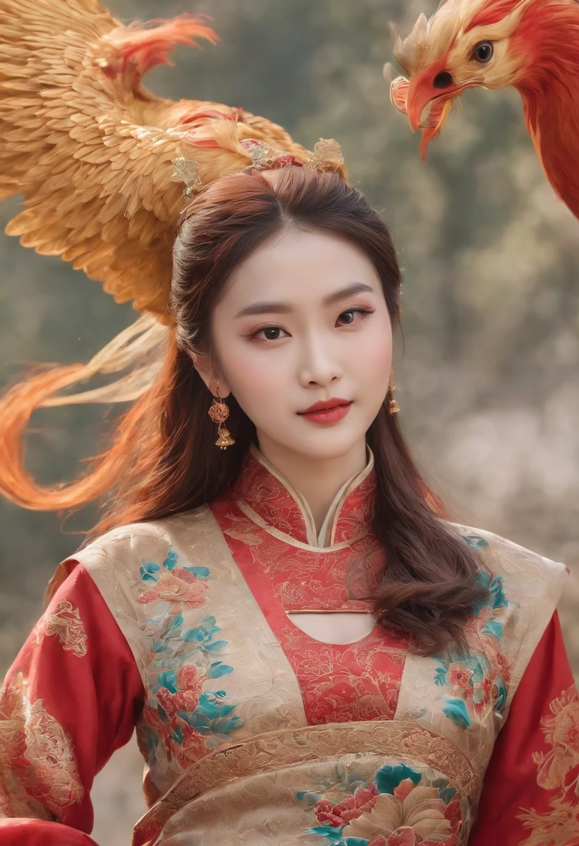 Chinese style ancient style girl,There is a phoenix behind it,The overall color is reddish-green, Shocking and domineering Chinese phoenix, Detailed phoenix head, brunette color hair, Long ponytail, Chino, cropped shoulders,, The is very detailed, dynamic angle, Beautiful lenses, (The most beautiful form of chaos), aethereal, (vivd colour), overclocking, (halfway: 1.2), Chinese big breasts, (thangka flying sky: 1.5), (Ribbons: 1.3), (Dream: 1.5), (Hanfu: 1.5), chinesedragon, Chinese Phoenix, (ssmile: 0.5), (Chinese God), (tmasterpiece, top-quality, best qualityer, ultimate details, highest details, offcial art, Beauty and aesthetics: 1.2), the golden ratio