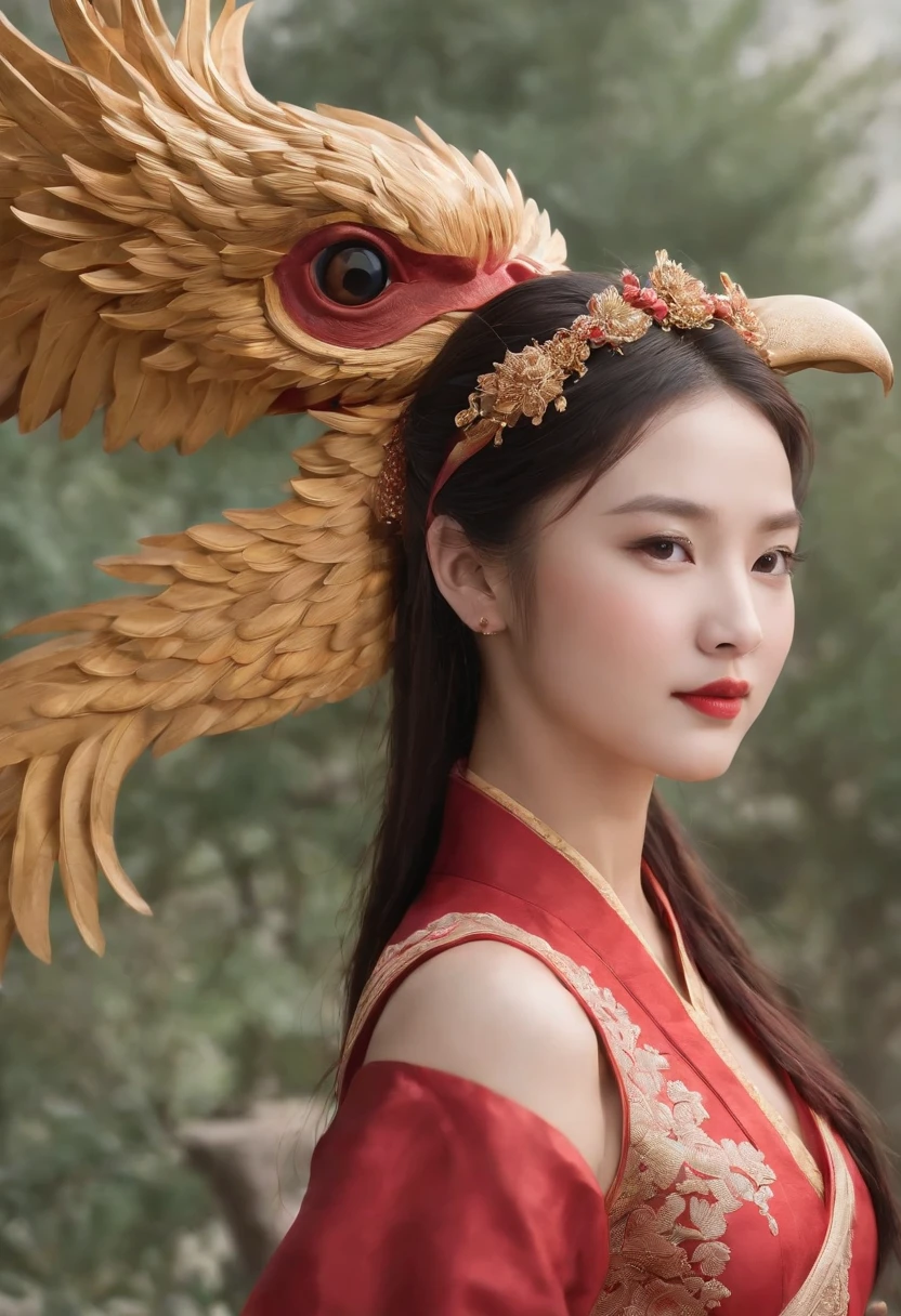Chinese style ancient style girl,There is a phoenix behind it,The overall color is reddish-green, Shocking and domineering Chinese phoenix, Detailed phoenix head, brunette color hair, Long ponytail, Chino, cropped shoulders,, The is very detailed, dynamic angle, Beautiful lenses, (The most beautiful form of chaos), aethereal, (vivd colour), overclocking, (halfway: 1.2), Chinese big breasts, (thangka flying sky: 1.5), (Ribbons: 1.3), (Dream: 1.5), (Hanfu: 1.5), chinesedragon, Chinese Phoenix, (ssmile: 0.5), (Chinese God), (tmasterpiece, top-quality, best qualityer, ultimate details, highest details, offcial art, Beauty and aesthetics: 1.2), the golden ratio
