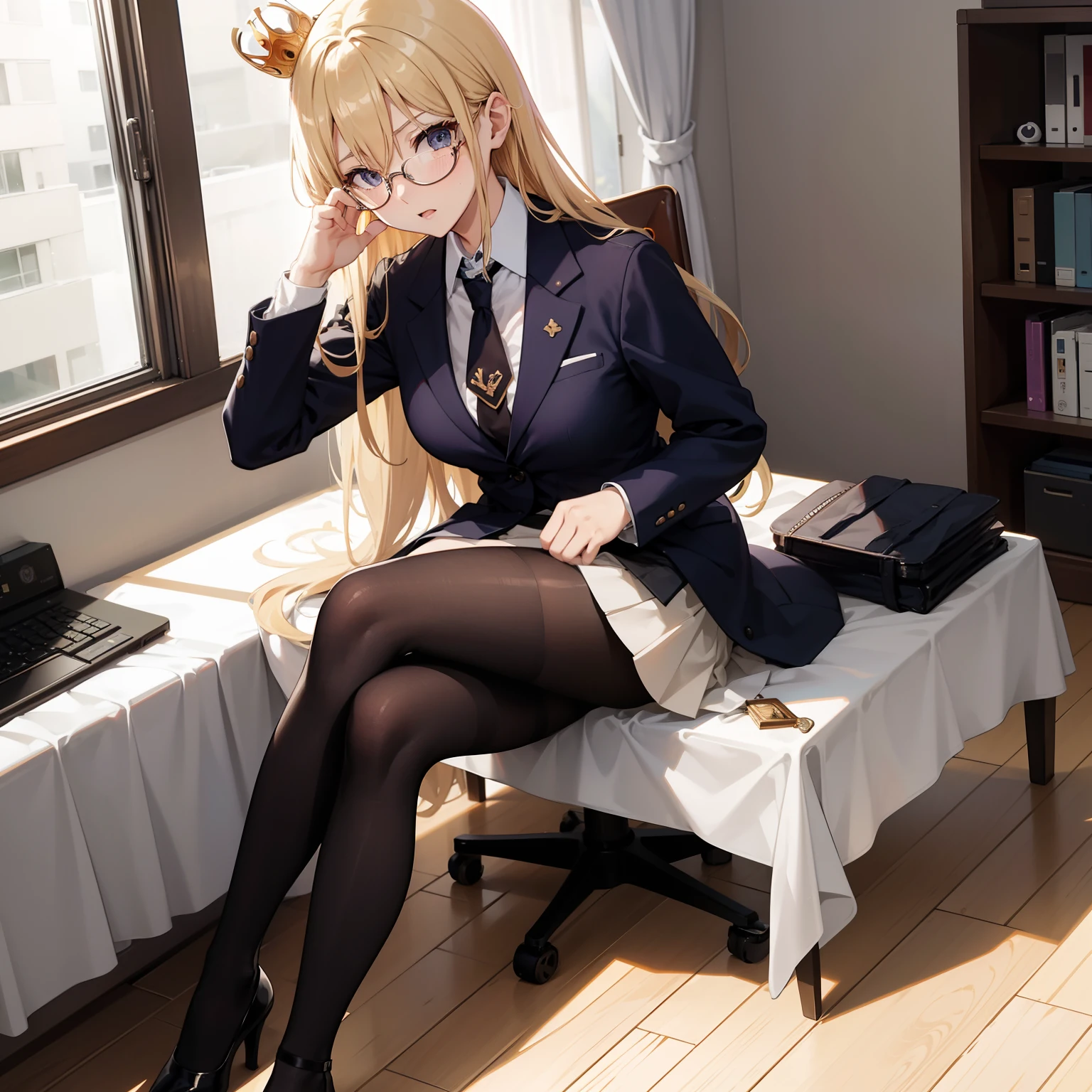 "anime girl, 1 person, blonde hair, glasses, crown, women's shirt, vest, tie, office clothes, office, big breasts, tight pants, sitting on the desk, morning sky, sitting cross-legged, chin in hand, high heels, front view, solo (full HD Image 4K+)"