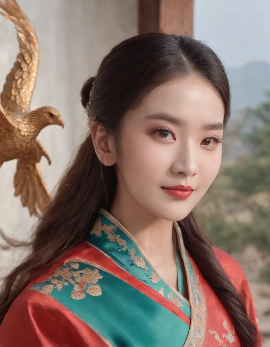 Chinese style ancient style girl,There is a phoenix behind it,The overall color is reddish-green, Shocking and domineering Chinese phoenix, Detailed phoenix head, brunette color hair, Long ponytail, Chino, cropped shoulders,, The is very detailed, dynamic angle, Beautiful lenses, (The most beautiful form of chaos), aethereal, (vivd colour), overclocking, (halfway: 1.2), Chinese big breasts, (thangka flying sky: 1.5), (Ribbons: 1.3), (Dream: 1.5), (Hanfu: 1.5), chinesedragon, Chinese Phoenix, (ssmile: 0.5), (Chinese God), (tmasterpiece, top-quality, best qualityer, ultimate details, highest details, offcial art, Beauty and aesthetics: 1.2), the golden ratio
