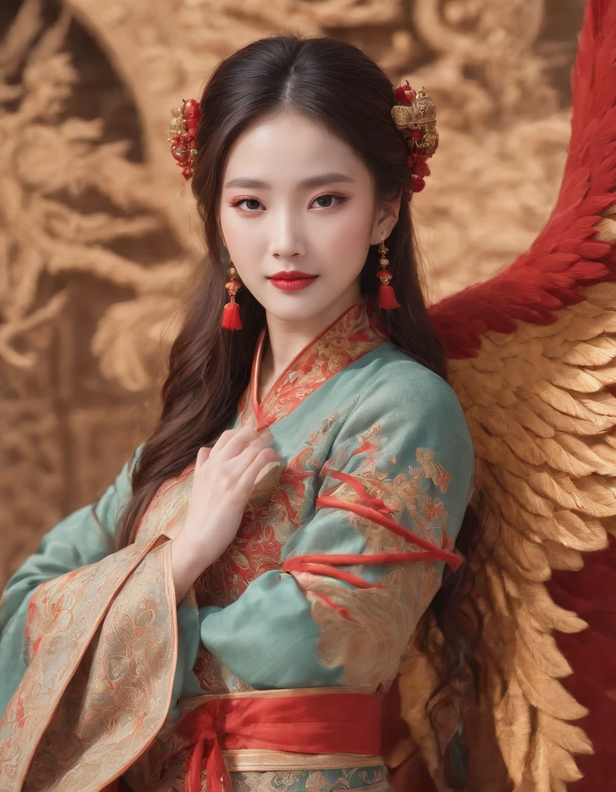 Chinese style ancient style girl,There is a phoenix behind it,The overall color is reddish-green, Shocking and domineering Chinese phoenix, Detailed phoenix head, brunette color hair, Long ponytail, Chino, cropped shoulders,, The is very detailed, dynamic angle, Beautiful lenses, (The most beautiful form of chaos), aethereal, (vivd colour), overclocking, (halfway: 1.2), Chinese big breasts, (thangka flying sky: 1.5), (Ribbons: 1.3), (Dream: 1.5), (Hanfu: 1.5), chinesedragon, Chinese Phoenix, (ssmile: 0.5), (Chinese God), (tmasterpiece, top-quality, best qualityer, ultimate details, highest details, offcial art, Beauty and aesthetics: 1.2), the golden ratio