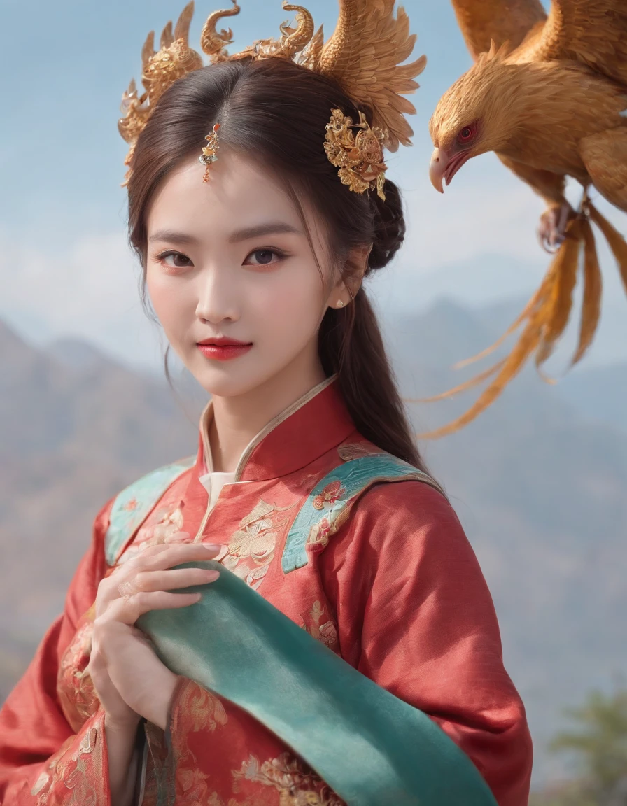 Chinese style ancient style girl，There is a phoenix behind it，The overall color is reddish-green, Shocking and domineering Chinese phoenix， Detailed phoenix head， brunette color hair， Long ponytail， Chino， cropped shoulders，， The is very detailed， dynamic angle， Beautiful lenses， （The most beautiful form of chaos）， aethereal， （vivd colour）， overclocking， （halfway： 1.2）， Chinese big breasts， （thangka flying sky： 1.5）， （Ribbons： 1.3）， （Dream： 1.5）， （Hanfu： 1.5）， chinesedragon， Chinese Phoenix， （ssmile： 0.5）， （Chinese God）， （tmasterpiece， top-quality， best qualityer， ultimate details， highest details， offcial art， Beauty and aesthetics： 1.2）， the golden ratio